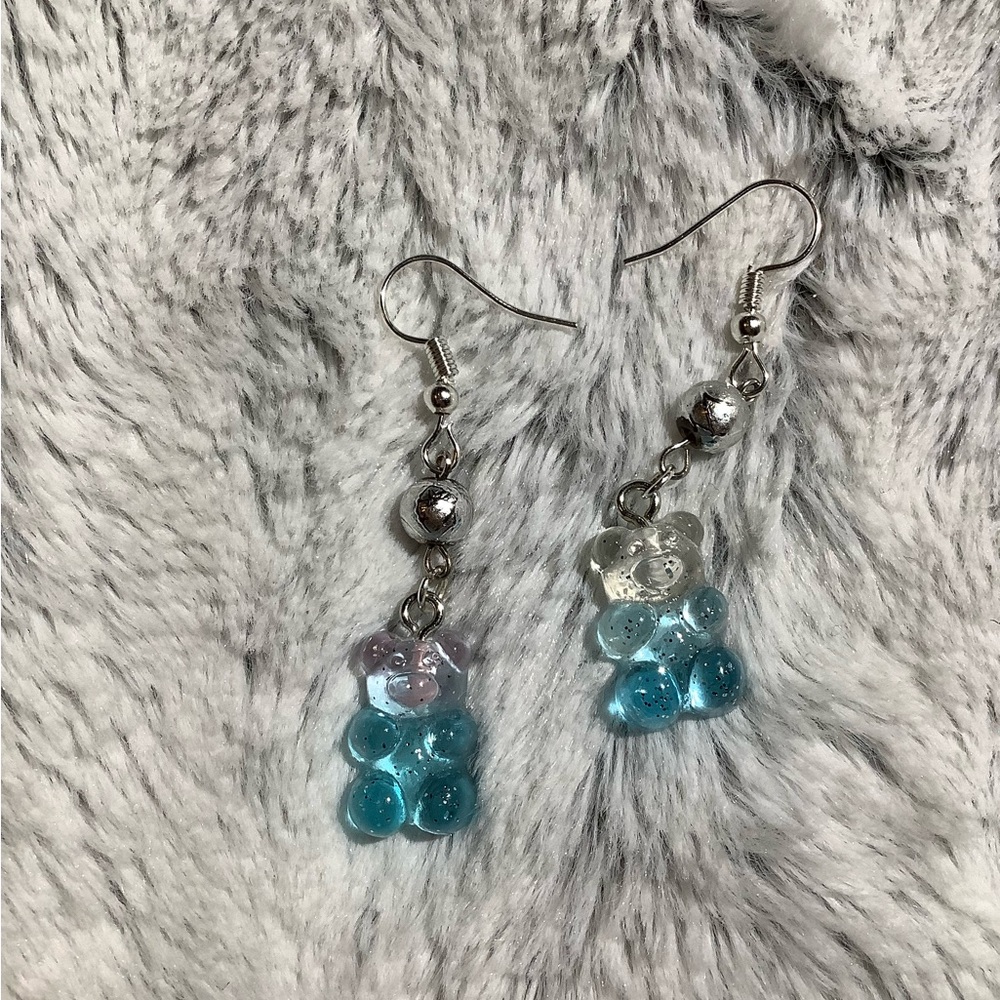 Two tone silver, clear and blue hand crafted gummy bear earrings
